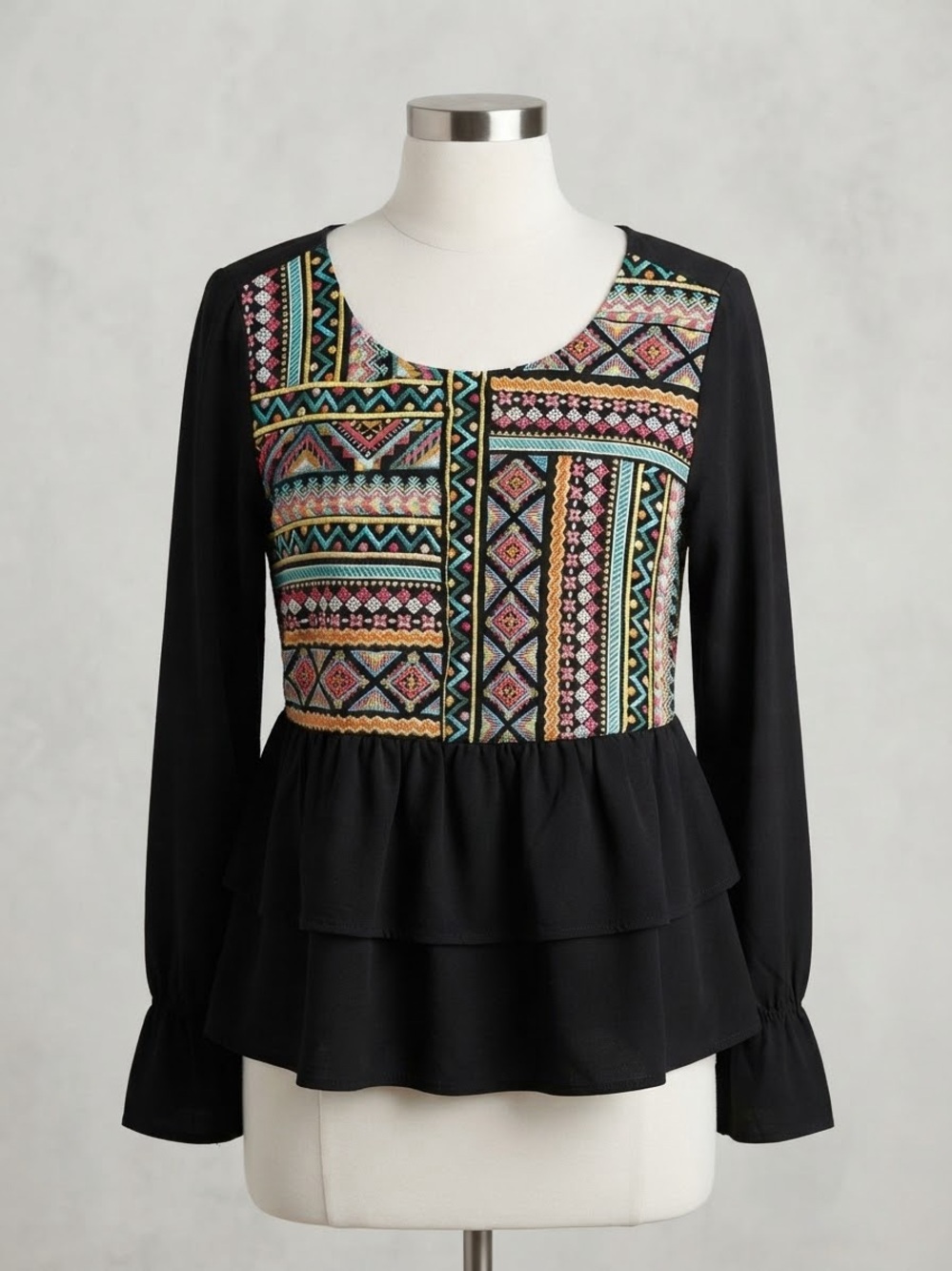 Black Long-Sleeve Peplum Top with Colorful Embroidered Front